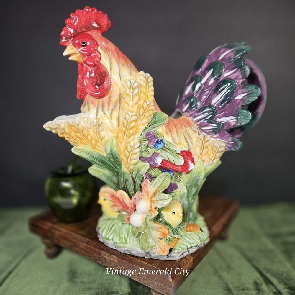 Vtg Decorative Chicken Hand-painted Ceramic 3D Rooster Pitcher Bird Water Jug